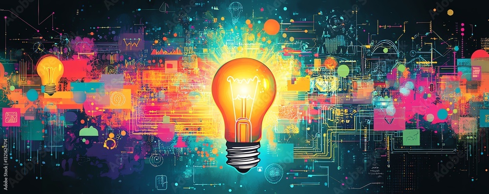 Poster a light bulb emitting vibrant rays of innovation, surrounded by icons of brainstorming, digital desi