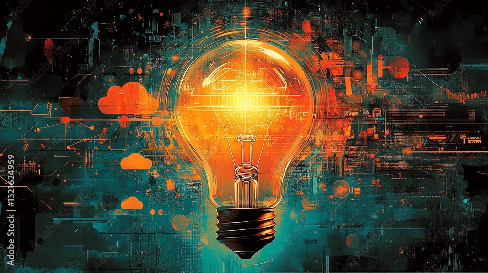 Poster a light bulb radiating innovation, encircled by symbols of ai, cloud computing, and digital networks