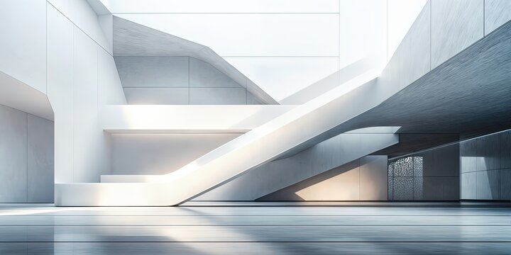 Minimalistic abstract architectural space with curved staircase, geometric shapes, white and gray color palette, smooth matte textures, bright directional lighting, modern clean design, depth and volu