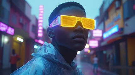 A young individual wearing futuristic neon sunglasses poses confidently in an urban setting. The street is illuminated with colorful lights, creating a lively nightlife atmosphere