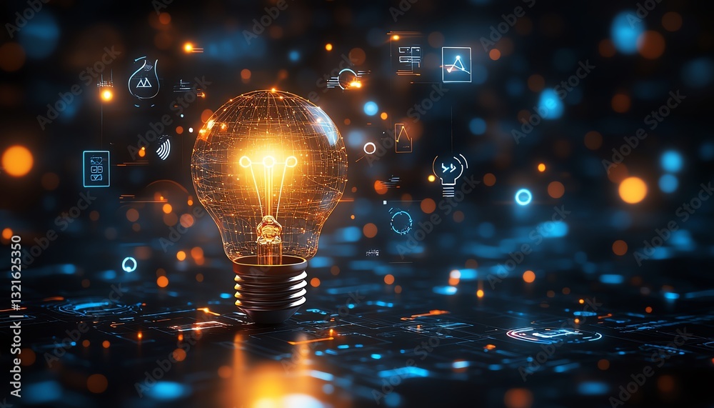 Leinwandbilder a shining light bulb symbolizing innovation, surrounded by icons of artificial intelligence, blockch
