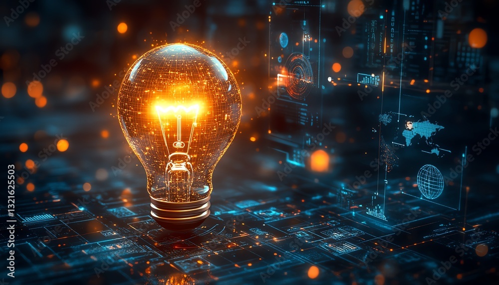 Leinwandbilder a shining light bulb symbolizing innovation, surrounded by icons of artificial intelligence, blockch