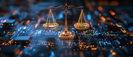 Digital technology interface with AI compliance features, futuristic aesthetic, integrating legal regulations and technology seamlessly, 8K clarity