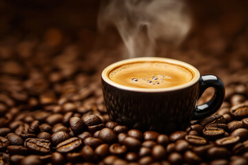 Fototapeta premium Steaming cup of coffee surrounded by roasted coffee beans