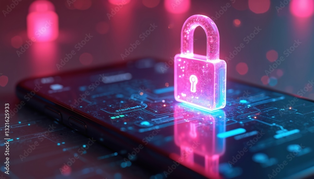 Fototapete glowing digital lock stands on smartphone screen secure messaging app. end to end encryption for pri
