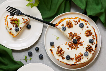 Healthy Carrot Cake Without Sugar with Cream Cheese Frosting..selective focus