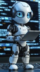 Cute robot coding; digital background, future tech