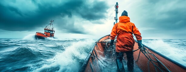 Fisherman braving stormy seas in orange gear.