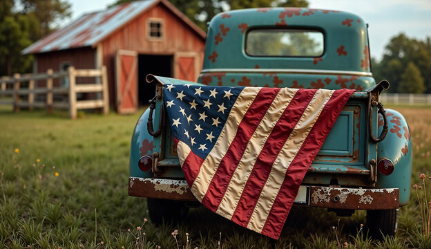 Vintage truck with American flag draped over the back in rural setting. Concept of US Independence Day 4th of July