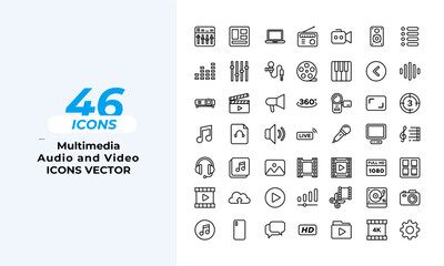 Multimedia audio and video icons Set Layout Vector Template. Vector illustration in line style of icons