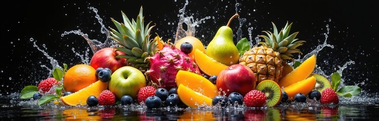 Vibrant fruit explosion with water splashing on black background. Various fruits pineapple, dragon fruit, mango slices, orange slices, kiwi, pear, apples, berries. Healthy diet concept. Refreshing