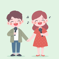cartoon illustration of couple singing together
