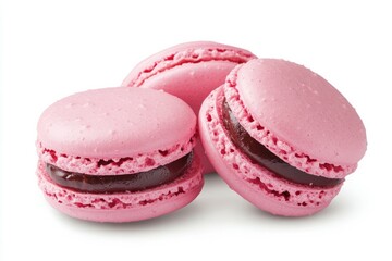 Three pink macarons on solid white background. Neural network AI generated