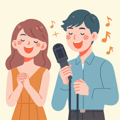 cartoon illustration of couple singing together