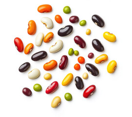 Colorful assortment of beans arranged on a white background