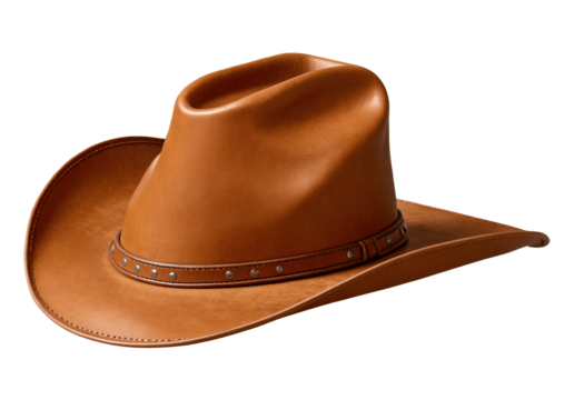A realistic light brown leather cowboy hat with a slightly curved brim and a classic creased crown, isolated on a transparent background