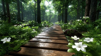 Serene Forest Pathway with Wooden Planks Surrounded by Lush Greenery and Flowers