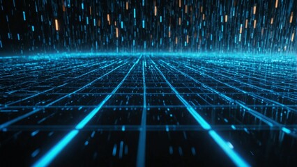 Abstract blue data stream flowing over digital grid, futuristic information technology background for big data and network concepts
