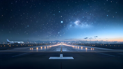 Obraz premium Illuminated Airport Runway Under a Starry Night Sky With Distant City Lights