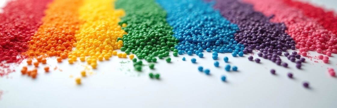 Vibrant colorful plastic masterbatch pellets scattered on white background. Rainbow colors raw polymer granules for industry, manufacturing, product composition. High-colored pigment texture of