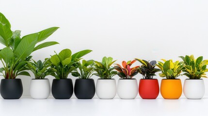 Fototapeta premium Colorful Indoor Plants in Modern Pots on White Surface Against Neutral Background