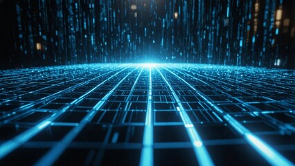 Futuristic blue matrix background with glowing digital lines and particles, abstract technology design for virtual reality and cyberspace projects