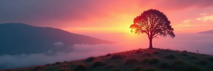 Fototapeta premium Lone tree in misty Highland landscape at sunset, nature, mist, colors