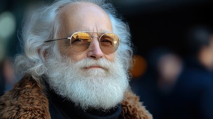An elderly man with a long white beard and round sunglasses poses outdoors in a bustling urban area. The golden hour light enhances his thoughtful expression as people engage in activities around him