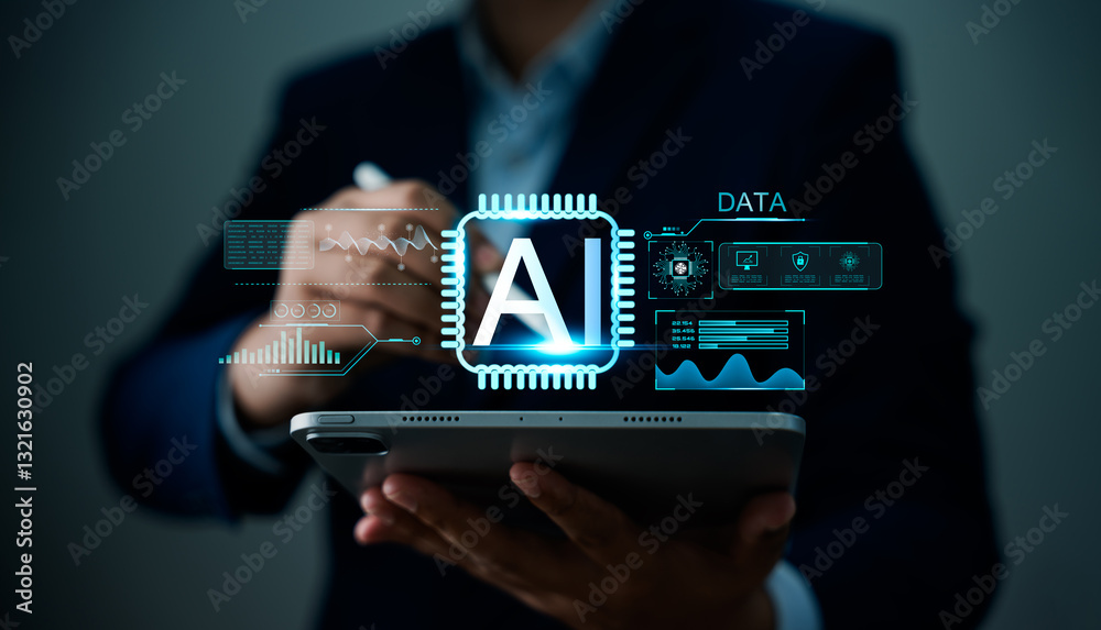 Fototapete ai technology and big data, businessman using ai and machine learning to enhance efficiency, deep le