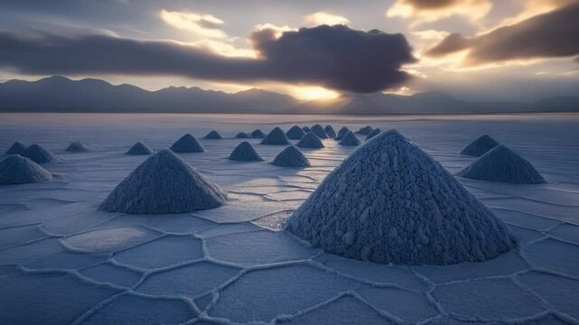 Wide-angle of hexagonal salt patterns mirroring dark clouds and a sliver of sunlight