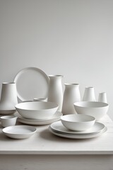 Elegant white ceramic tableware arranged neatly on display with soft lighting in a minimalist setting