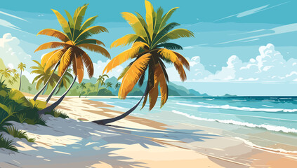 A beautiful beach scene with palm trees and a blue ocean. Scene is peaceful and relaxing