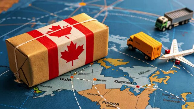 Aerial view of a package labeled with Canada on a world map surrounded by toy vehicles, symbolizing global shipping