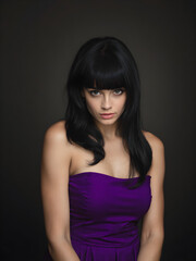 Naklejka premium Belleza clásica: Mujer con melena negra y vestido violeta en un retrato impecable.