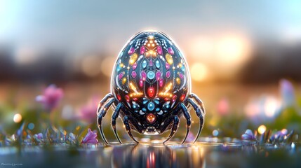 Colorful robotic egg with spider-like legs surrounded by flowers in a vibrant environment
