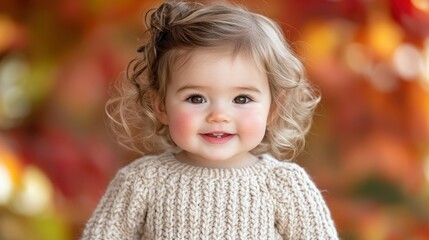 Fototapeta premium A joyful toddler with curly hair embraces the fall season, exuding warmth with a cheerful smile. The colorful autumn leaves create a vibrant backdrop, highlighting her cozy sweater