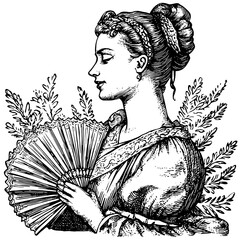 Obraz premium Elegant woman holding a fan, intricate engraving reminiscent of vintage tattoo art and decorative packaging