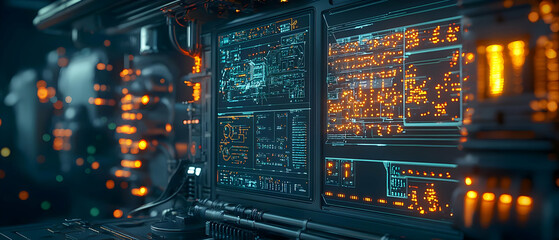 Futuristic Control Panel With Glowing Teal And Orange Digital Displays In A Dark Technological Environment With Blurred Background