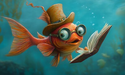 A friendly fish is reading a book underwater with spectacles