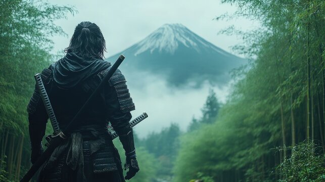 Samurai's Journey: A misty Mount Fuji backdrop