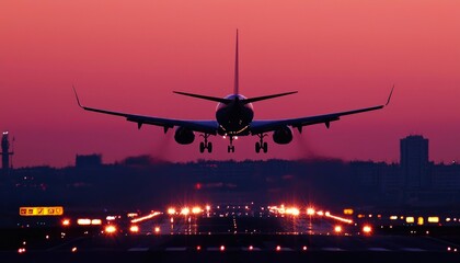 Airplane landing at sunset
