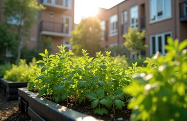 Shared herb garden in housing community with herbs thriving under sun, an inviting space. Plants in a modern backyard garden bed with wooden planters. Herbs grow, sunlight shines on foliage.