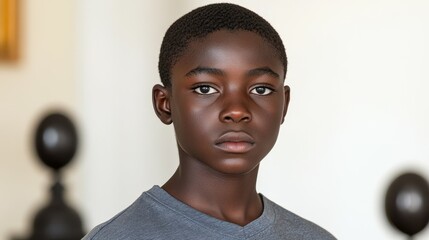 A boy with dark skin and short hair poses indoors, displaying a neutral yet thoughtful expression. The background features subtle decor elements contributing to the atmosphere