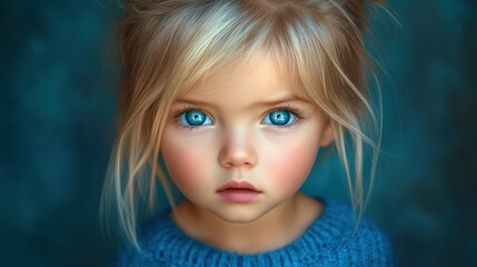 Fototapeta premium A young girl gazes directly at the viewer with vibrant blue eyes, wearing a soft blue sweater. The gentle lighting highlights her delicate features and adds a serene atmosphere