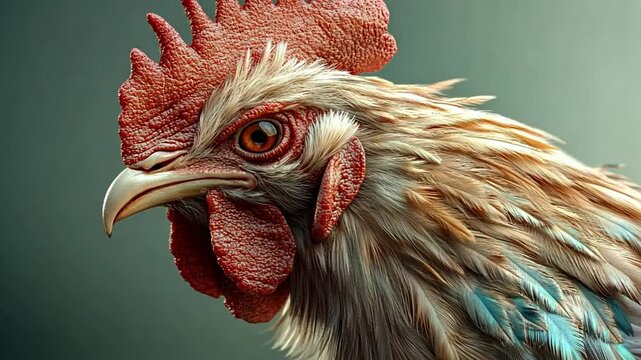 Detailed close-up of a vibrant rooster head with a striking comb and sharp beak