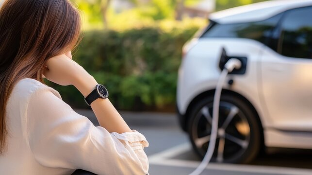 Waiting for an electric car to charge at a public charger in a parking lot, a bored woman with a watch sits in front of the car