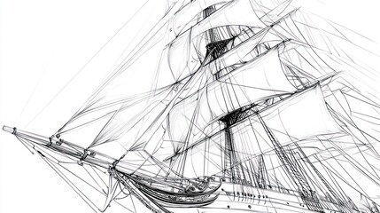 Wireframe sailing ship, ocean, nautical design, background white, for maritime prints