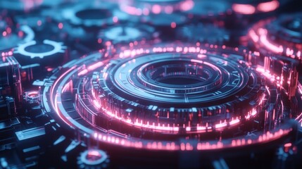 Futuristic Technology Circuit Board with Glowing Pink and Blue Accents