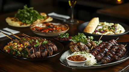 Obraz premium Delicious Middle Eastern Mezze Platter with Grilled Lamb Skewers and Rice