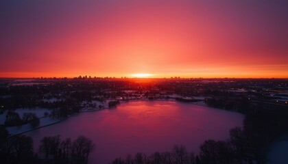 Winter sunrise over city and frozen lake